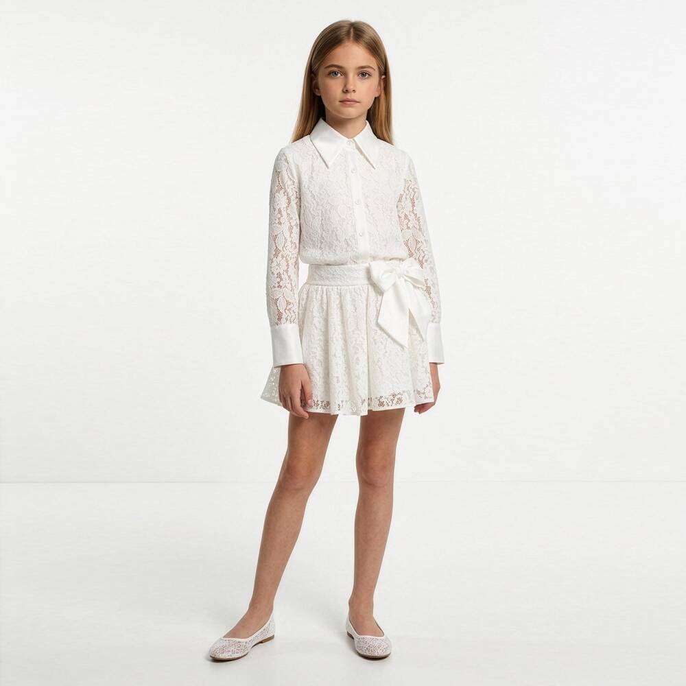 Elsy couture by-تنورة دانتيل غيبور مزينة بورود لون عاجي للبنات | Childrensalon