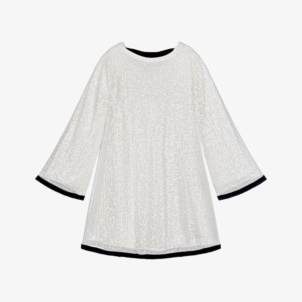 Elsy-Girls Ivory Sequinned Dress with Black Taffeta Bow | Childrensalon