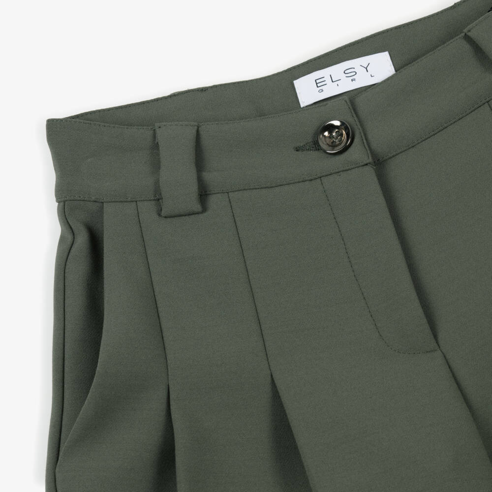 Elsy-Girls Khaki Green Pleated Wide Leg Trousers | Childrensalon