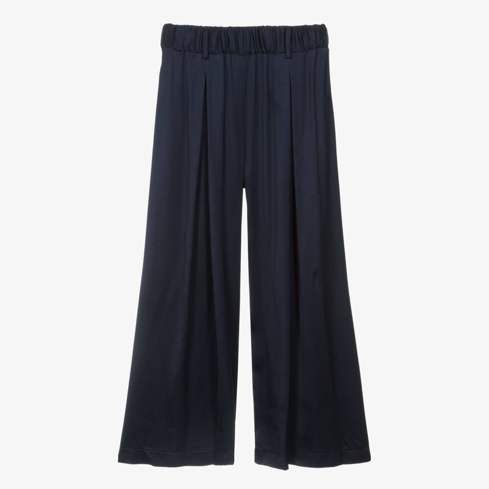 кутюр от Elsy-Girls Navy Blue Satin Wide Leg Trousers | Childrensalon