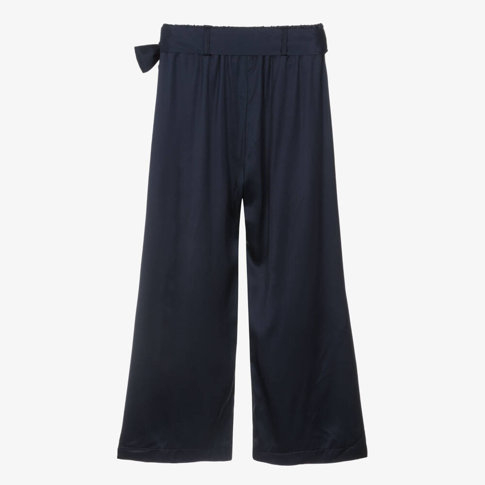 кутюр от Elsy-Girls Navy Blue Satin Wide Leg Trousers | Childrensalon