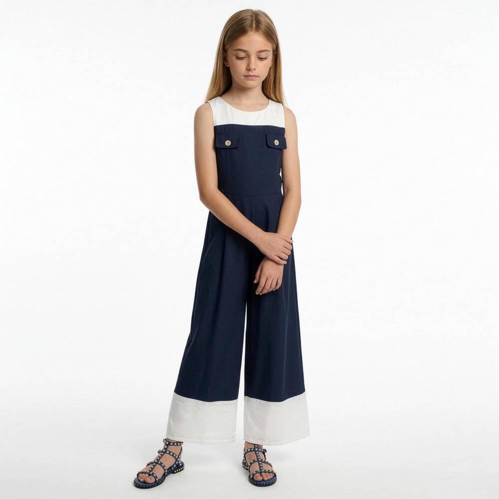 Elsy-Girls Navy Blue & White Sleeveless Jumpsuit | Childrensalon