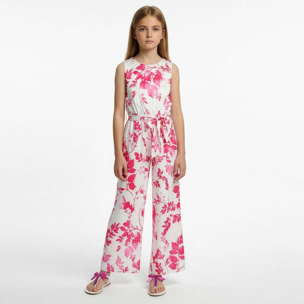 Elsy-Girls Pale Pink Floral Satin Palazzo Style Jumpsuit | Childrensalon