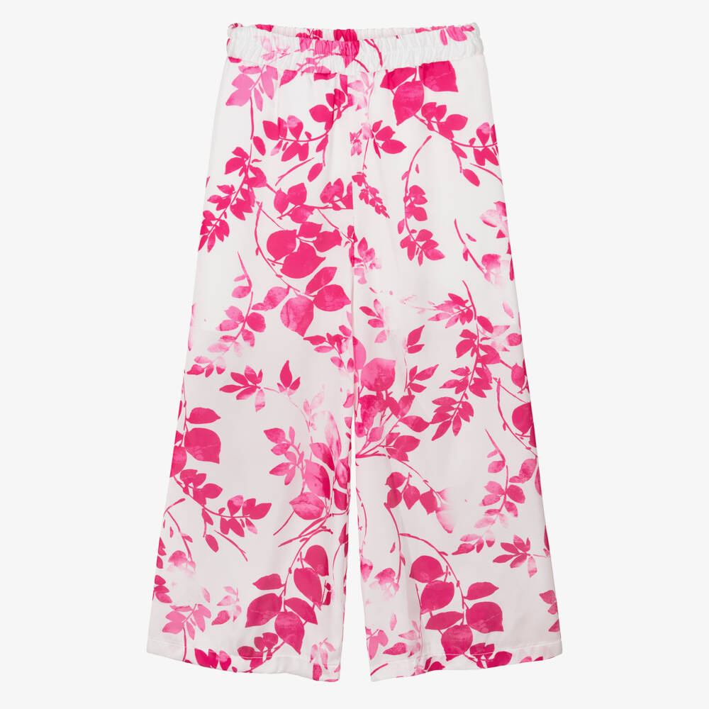 Elsy-Girls Pink Floral Satin Wide Leg Trousers | Childrensalon