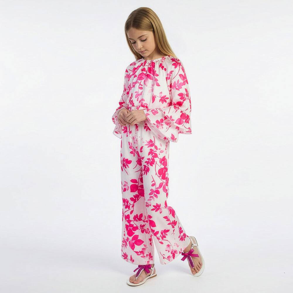 Elsy-Girls Pink Floral Satin Wide Leg Trousers | Childrensalon