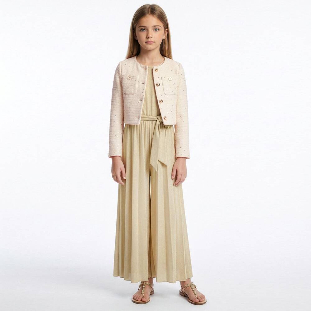 Elsy Couture-Girls Shimmery Gold Jersey Jumpsuit | Childrensalon
