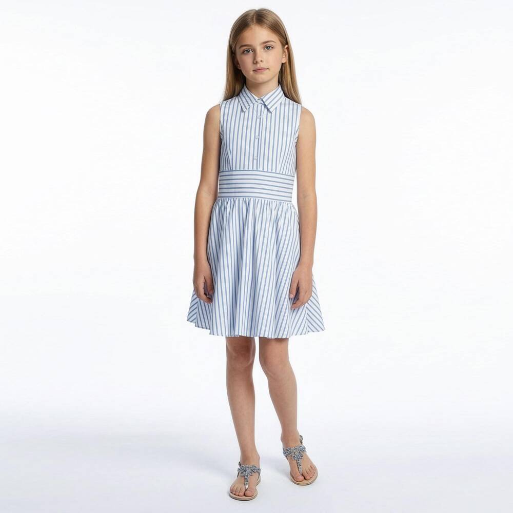 Elsy-Платье рубашка без рукавов бело-голубое в полоску для девочек | Childrensalon
