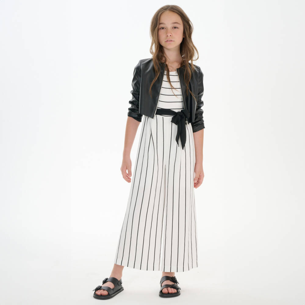 Elsy-Girls White & Black Striped Jumpsuit | Childrensalon