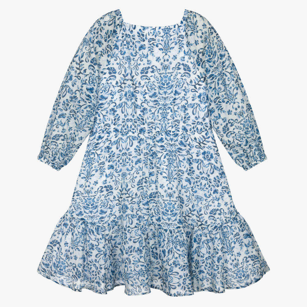 Carys Dress in Blue with White Cotton