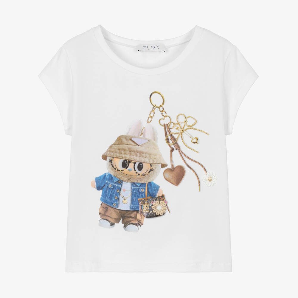 Elsy-Girls White Cotton T-Shirt with Labubu Motif | Childrensalon