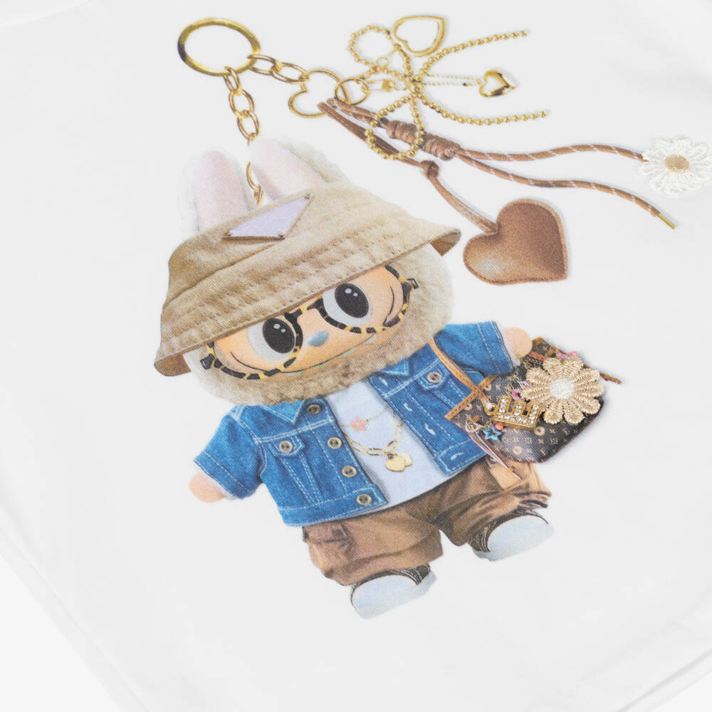 Elsy-Girls White Cotton T-Shirt with Labubu Motif | Childrensalon