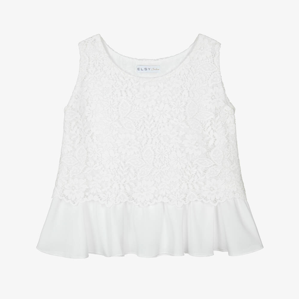 Elsy-Girls White Crêpe Top with Lace Overlay | Childrensalon