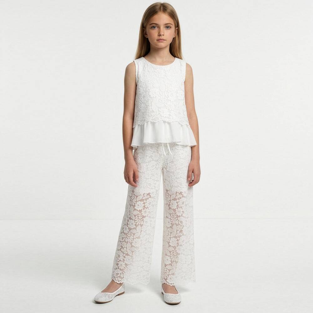 Elsy-Girls White Floral Lace Wide Leg Trousers | Childrensalon