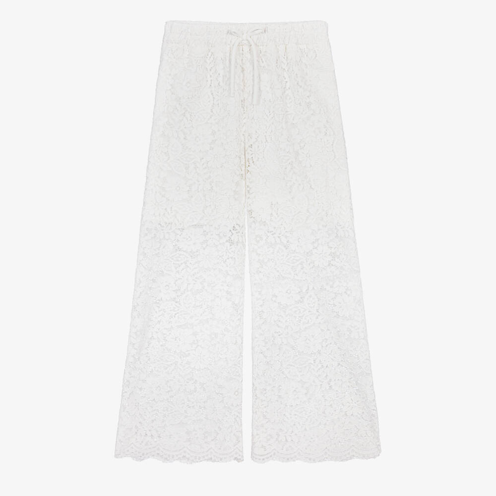 Elsy-Girls White Floral Lace Wide Leg Trousers | Childrensalon