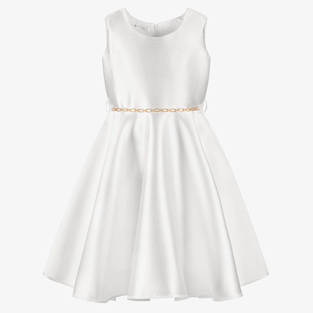 Elsy couture by-فستان ساتان مزين بحزام كريستال لون أبيض للبنات | Childrensalon
