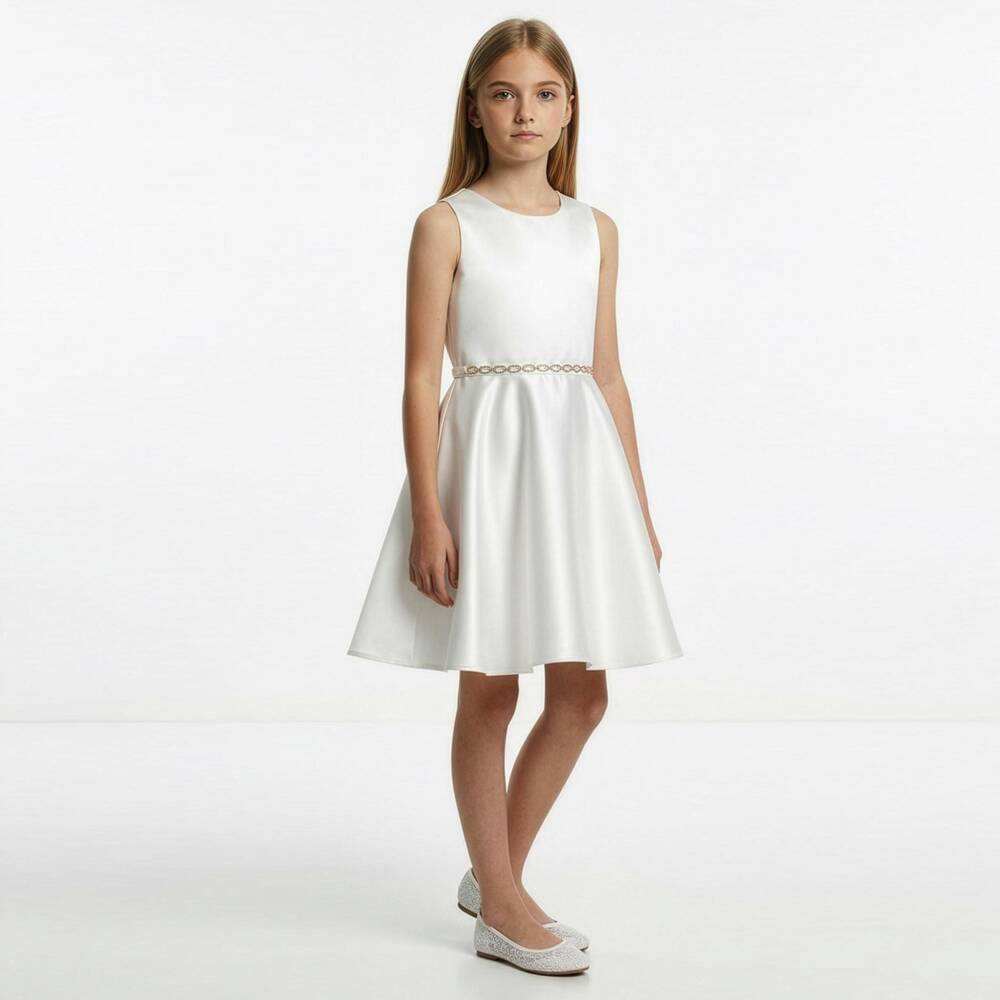 Elsy Couture-Girls White Satin Dress with Diamanté Chain Belt | Childrensalon