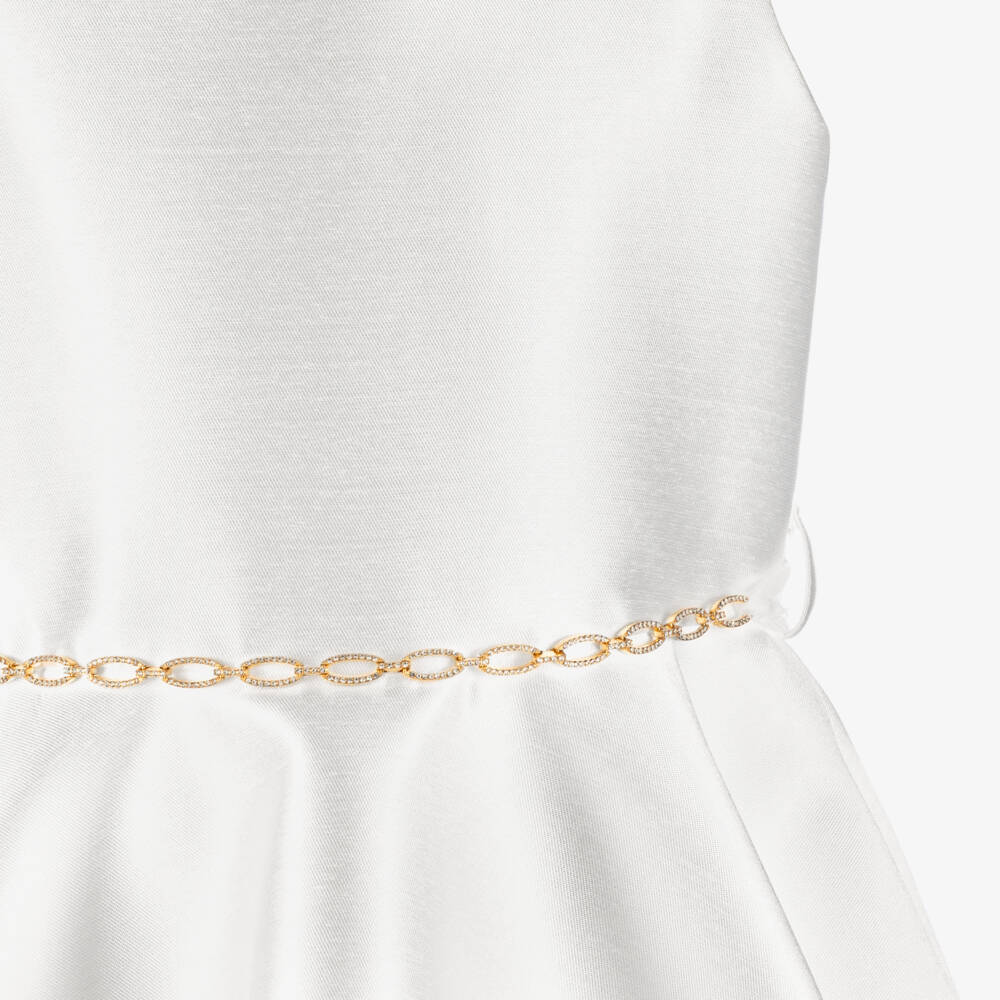 Elsy Couture-Girls White Satin Dress with Diamanté Chain Belt | Childrensalon