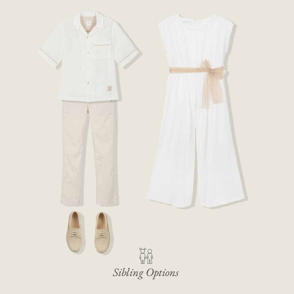Elsy Couture-Girls White Satin Jumpsuit with Gold Tulle Sash Belt | Childrensalon