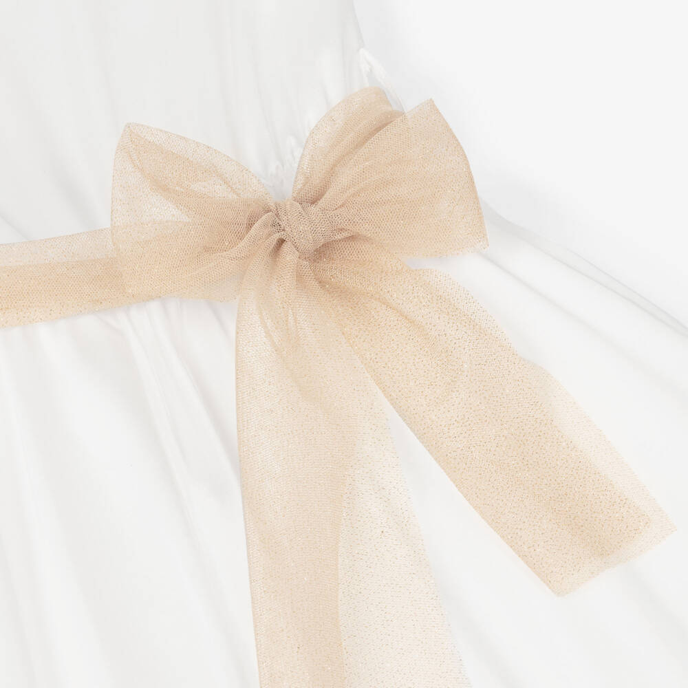 couture by Elsy-Girls White Satin Jumpsuit with Gold Tulle Sash Belt | Childrensalon