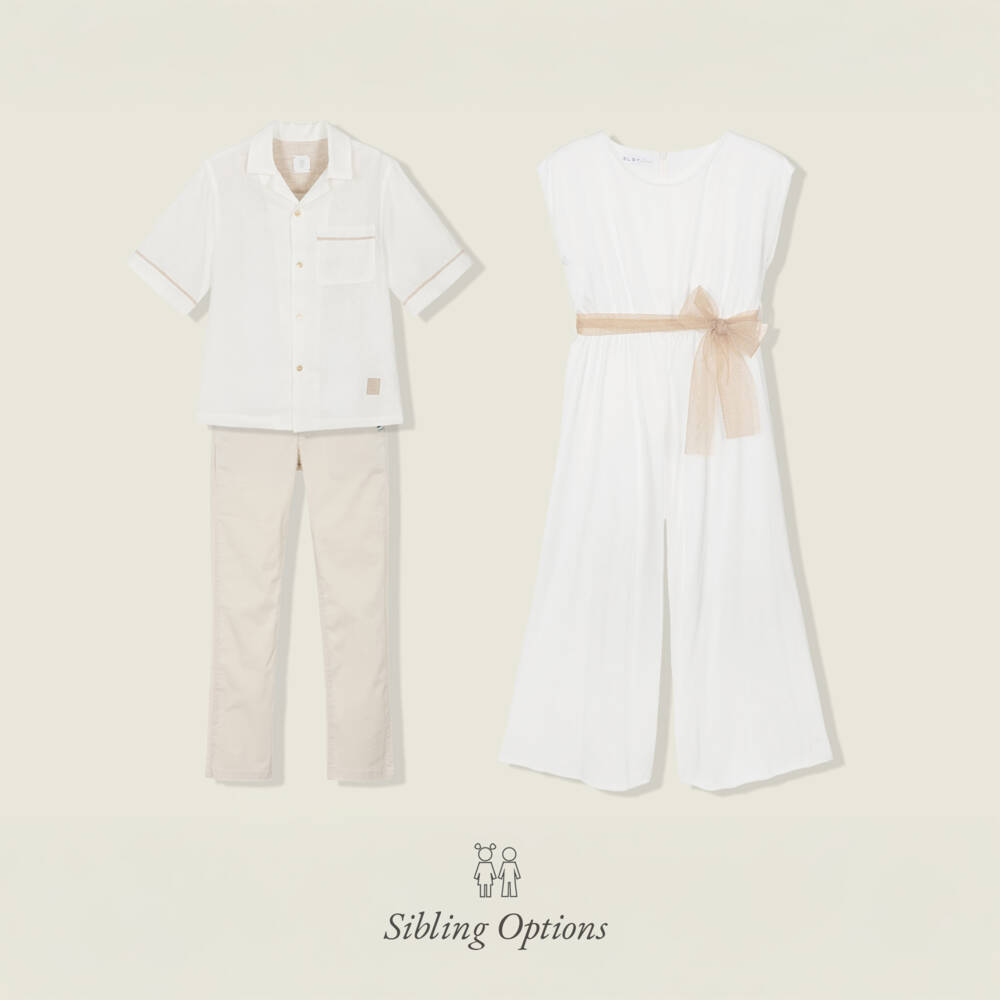 Elsy Couture-Girls White Satin Jumpsuit with Gold Tulle Sash Belt | Childrensalon