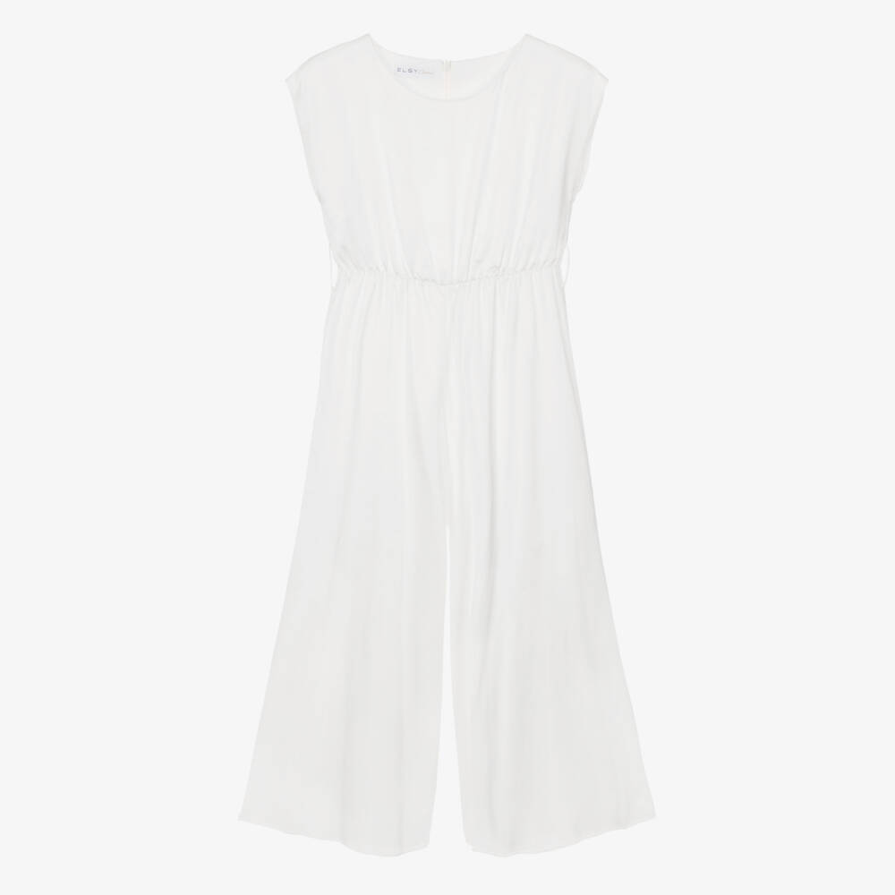 Elsy Couture-Girls White Satin Jumpsuit with Gold Tulle Sash Belt | Childrensalon