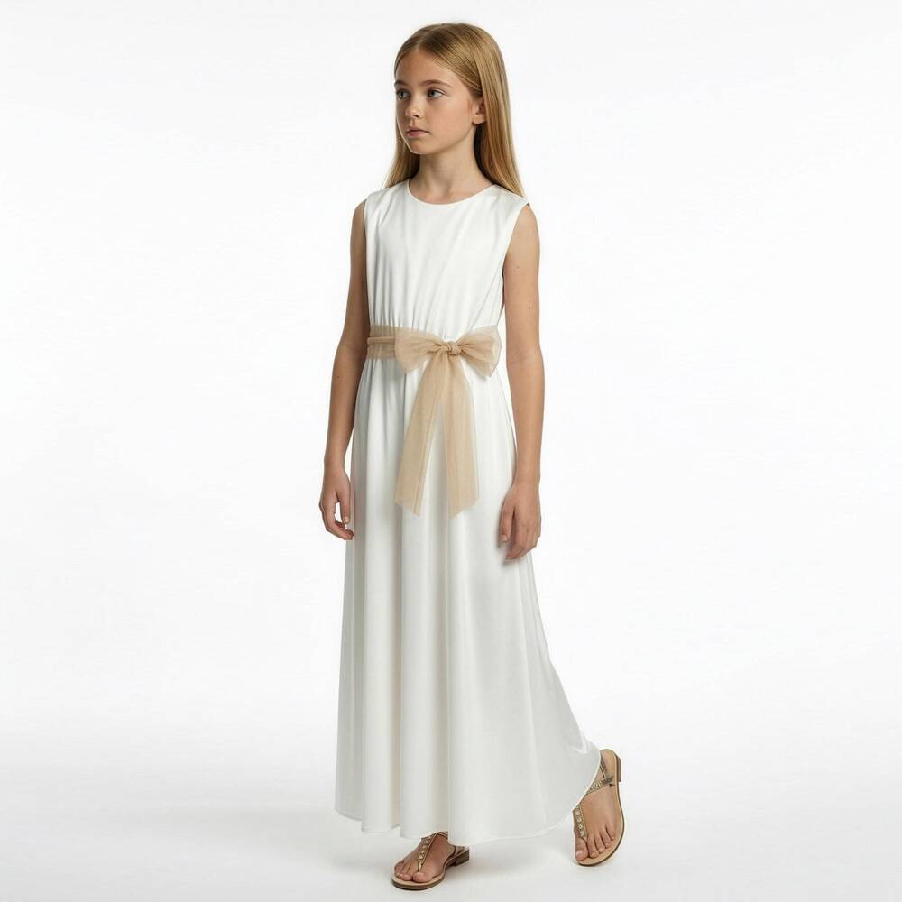 Elsy Couture-Girls White Satin Jumpsuit with Gold Tulle Sash Belt | Childrensalon