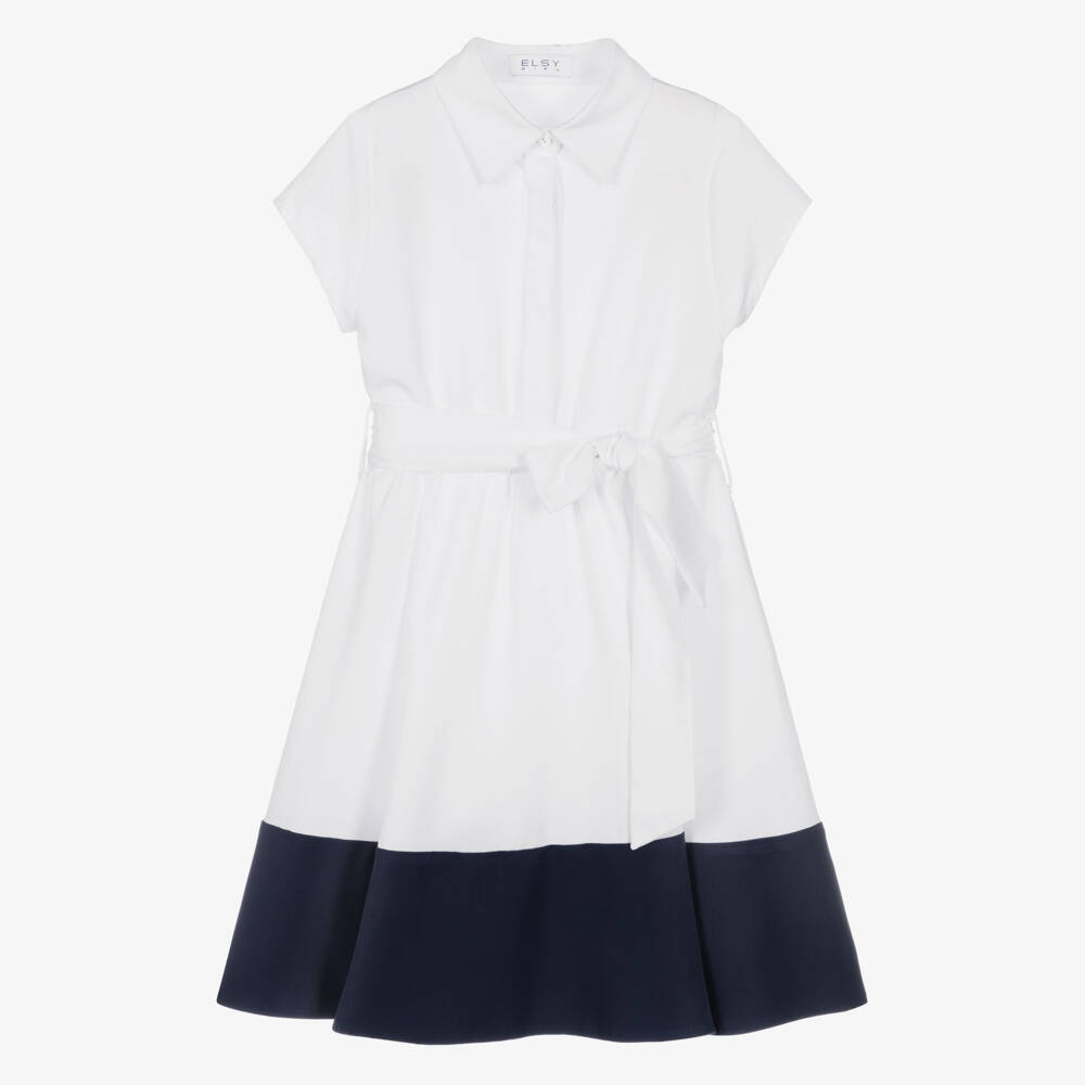 Elsy-Girls White Shirt Dress with Navy Blue Hem | Childrensalon
