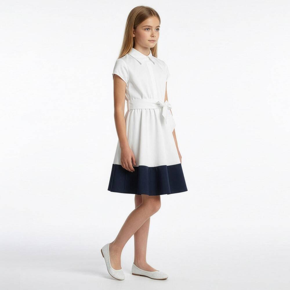 Elsy-Платье рубашка белое с синим подолом для девочек | Childrensalon