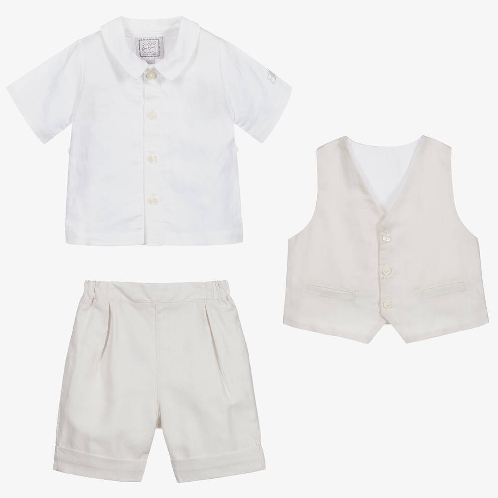 Emile et Rose-Baby Boys Beige Linen & Cotton Shorts Set | Childrensalon