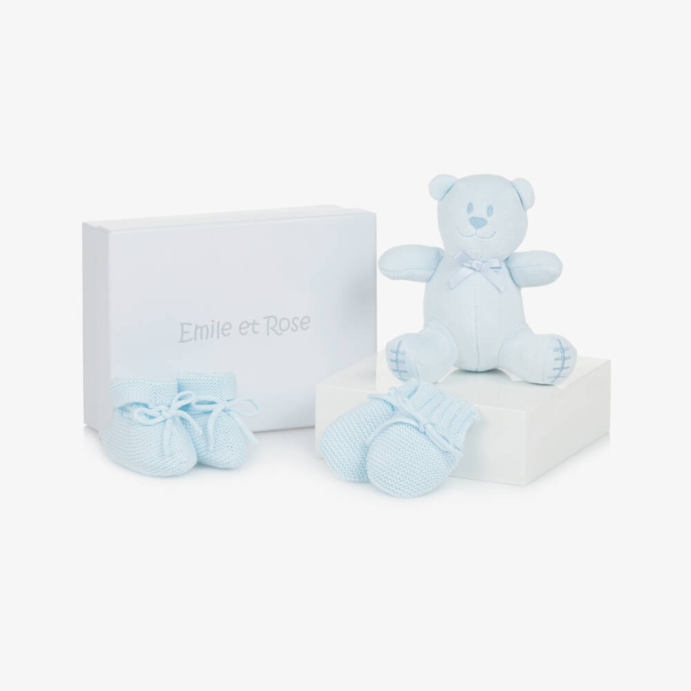 Emile et Rose-Baby Boys Blue Mitts & Booties Gift Set with Teddy Bear | Childrensalon