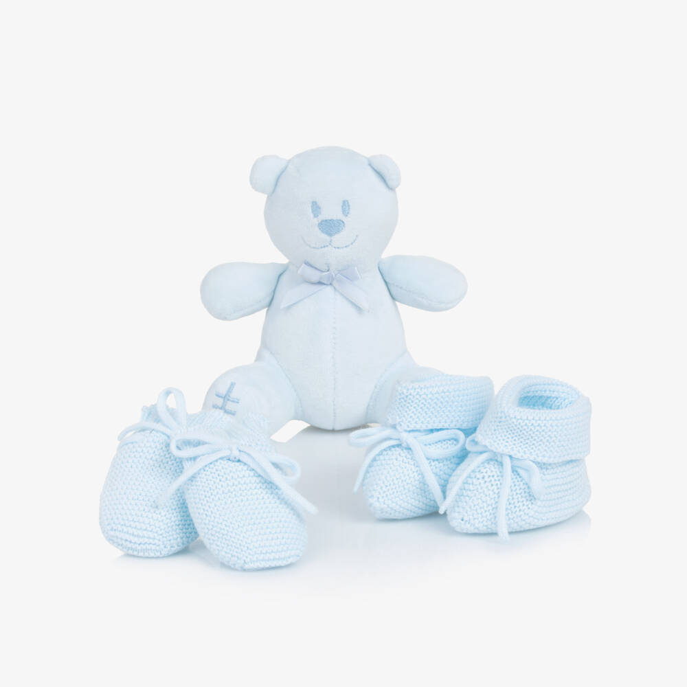 Emile et Rose-Baby Boys Blue Mitts & Booties Gift Set with Teddy Bear | Childrensalon