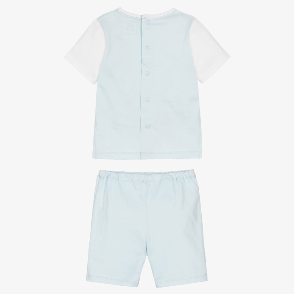 Emile et Rose-Baby Boys Blue & White Cotton Jersey Embroidered Shorts Set | Childrensalon