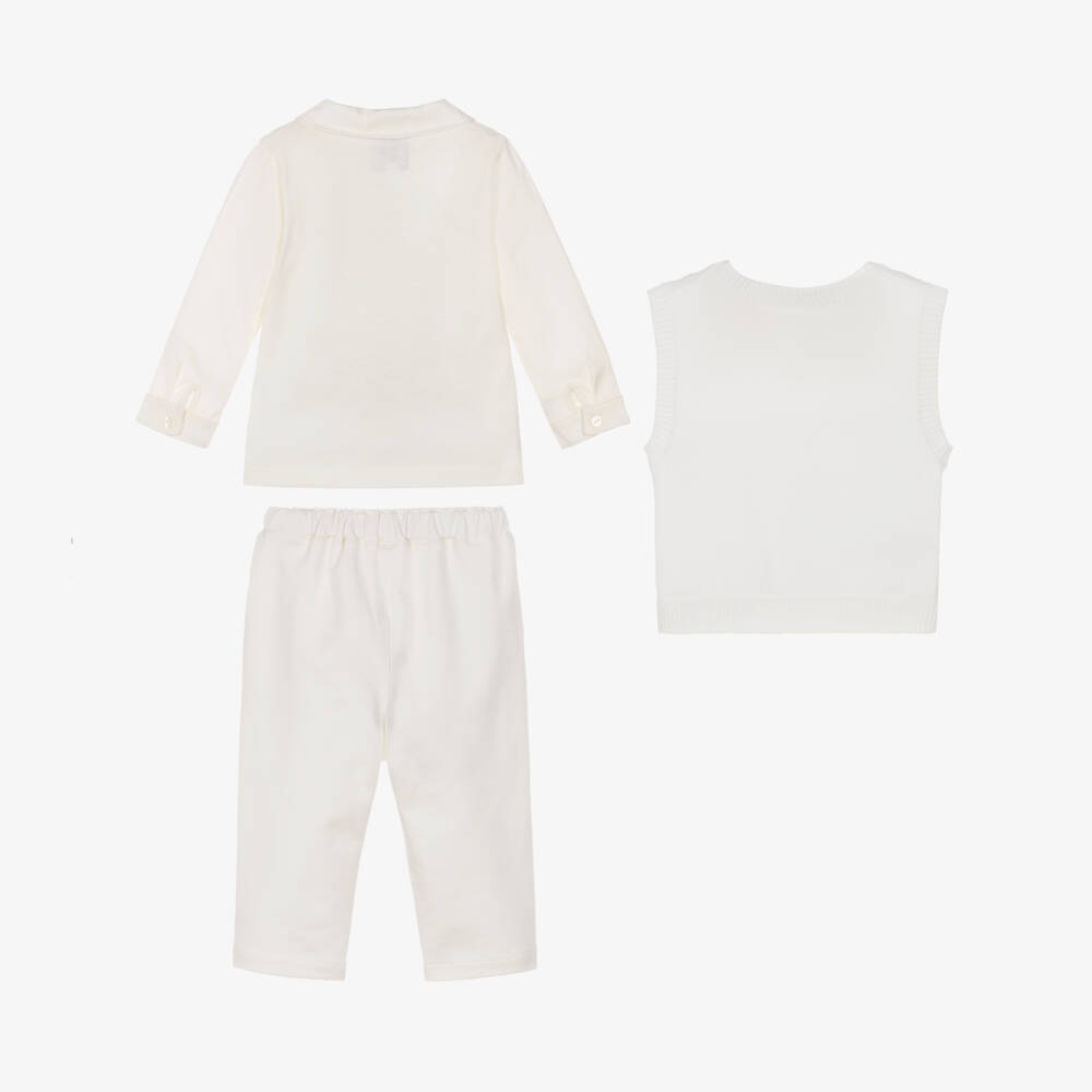 Emile et Rose-Baby Boys Ivory Cotton Trouser Set with Knitted Vest | Childrensalon