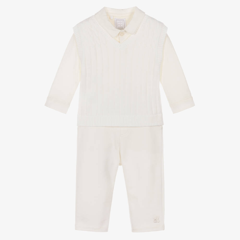 Emile et Rose-Baby Boys Ivory Cotton Trouser Set with Knitted Vest  | Childrensalon