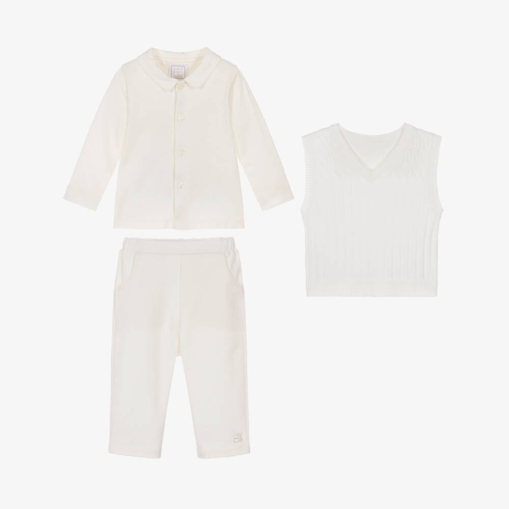 Emile et Rose-Baby Boys Ivory Cotton Trouser Set with Knitted Vest | Childrensalon