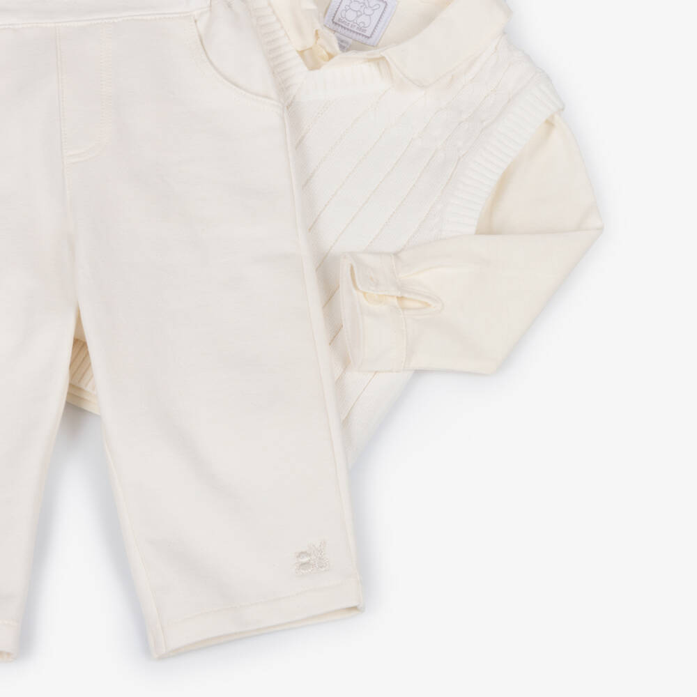Emile et Rose-Baby Boys Ivory Cotton Trouser Set with Knitted Vest | Childrensalon