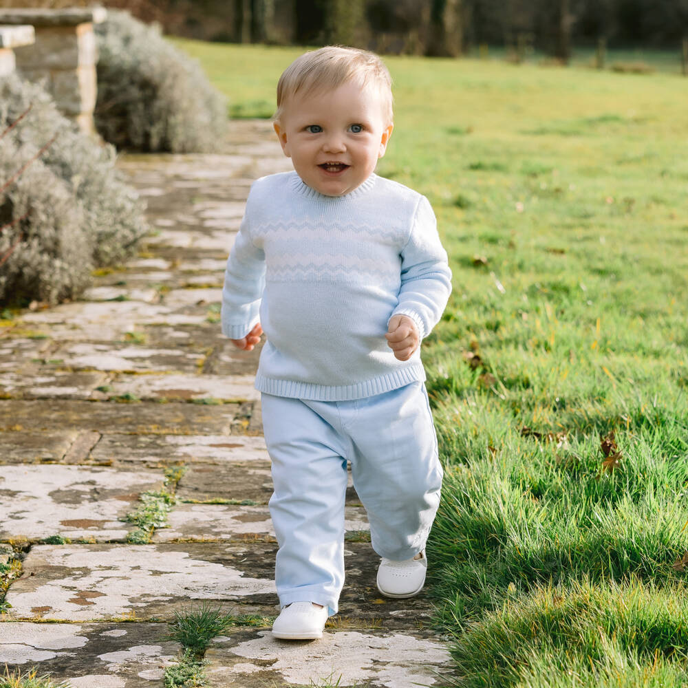 Emile et Rose-Baby Boys Pale Blue Cotton Fair Isle Sweater & Trouser Set | Childrensalon