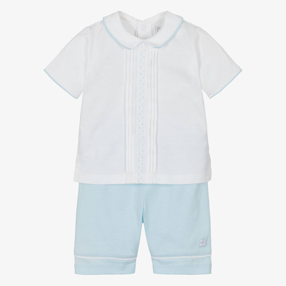 Emile et Rose-Baby Boys White & Blue Cotton Embroidered Shorts Set | Childrensalon