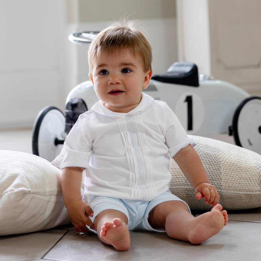 Emile et Rose-Baby Boys White & Blue Cotton Embroidered Shorts Set | Childrensalon
