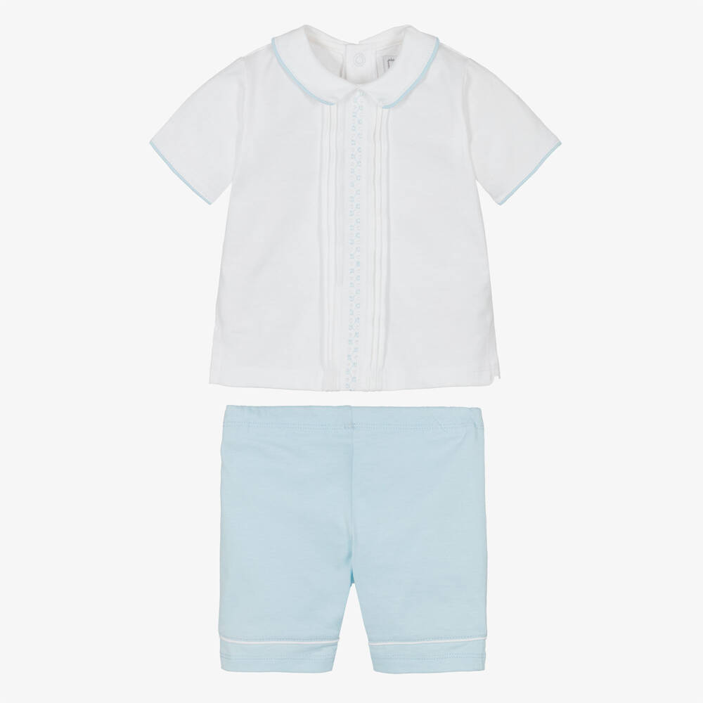 Emile et Rose-Baby Boys White & Blue Cotton Shorts Set | Childrensalon