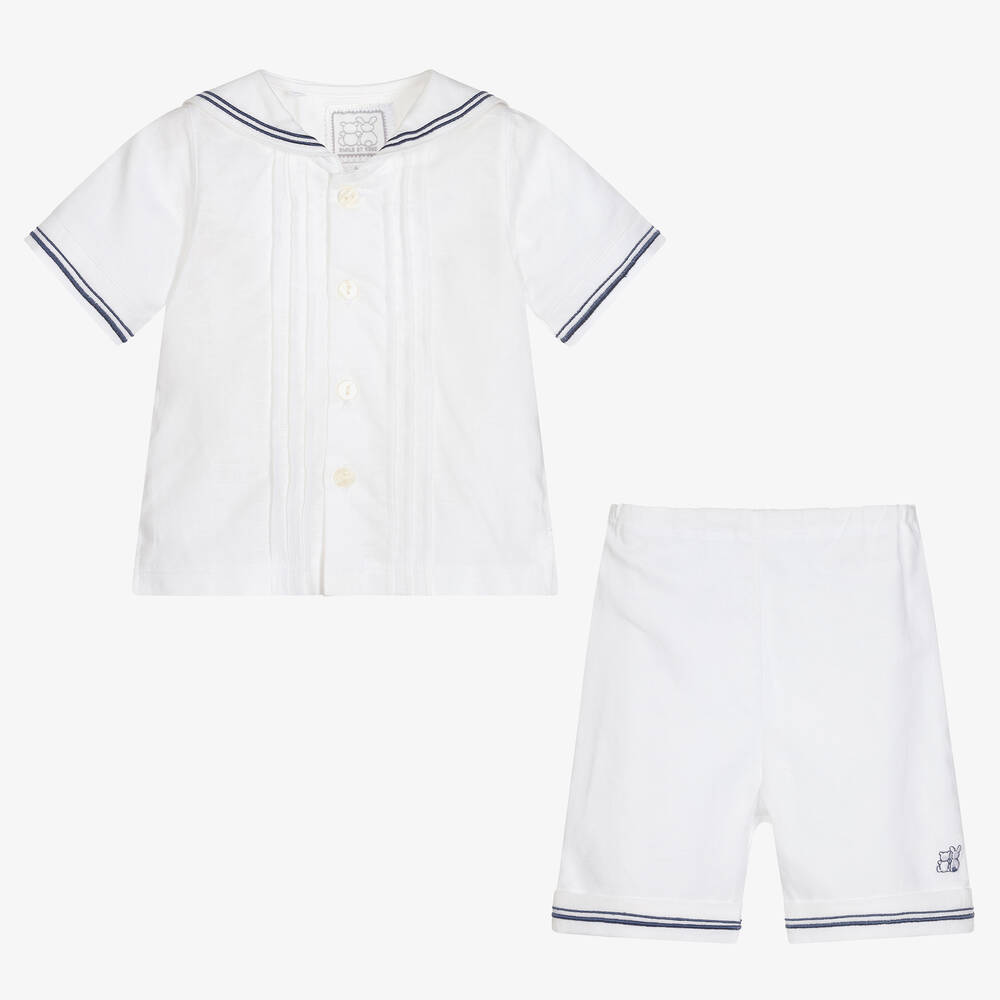 Emile et Rose-Baby Boys White Linen & Cotton Sailor Shorts Set | Childrensalon
