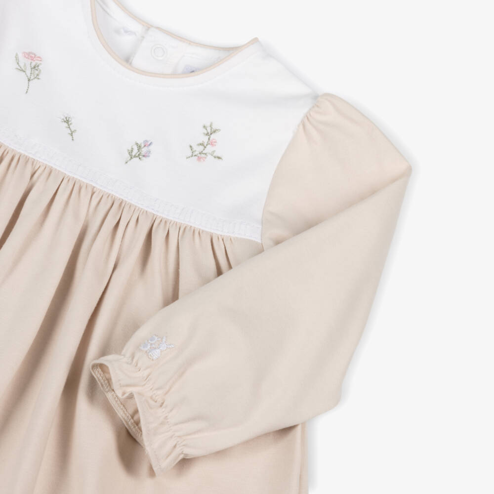 Emile et Rose-Baby Girls Beige Cotton Jersey Embroidered Dress | Childrensalon