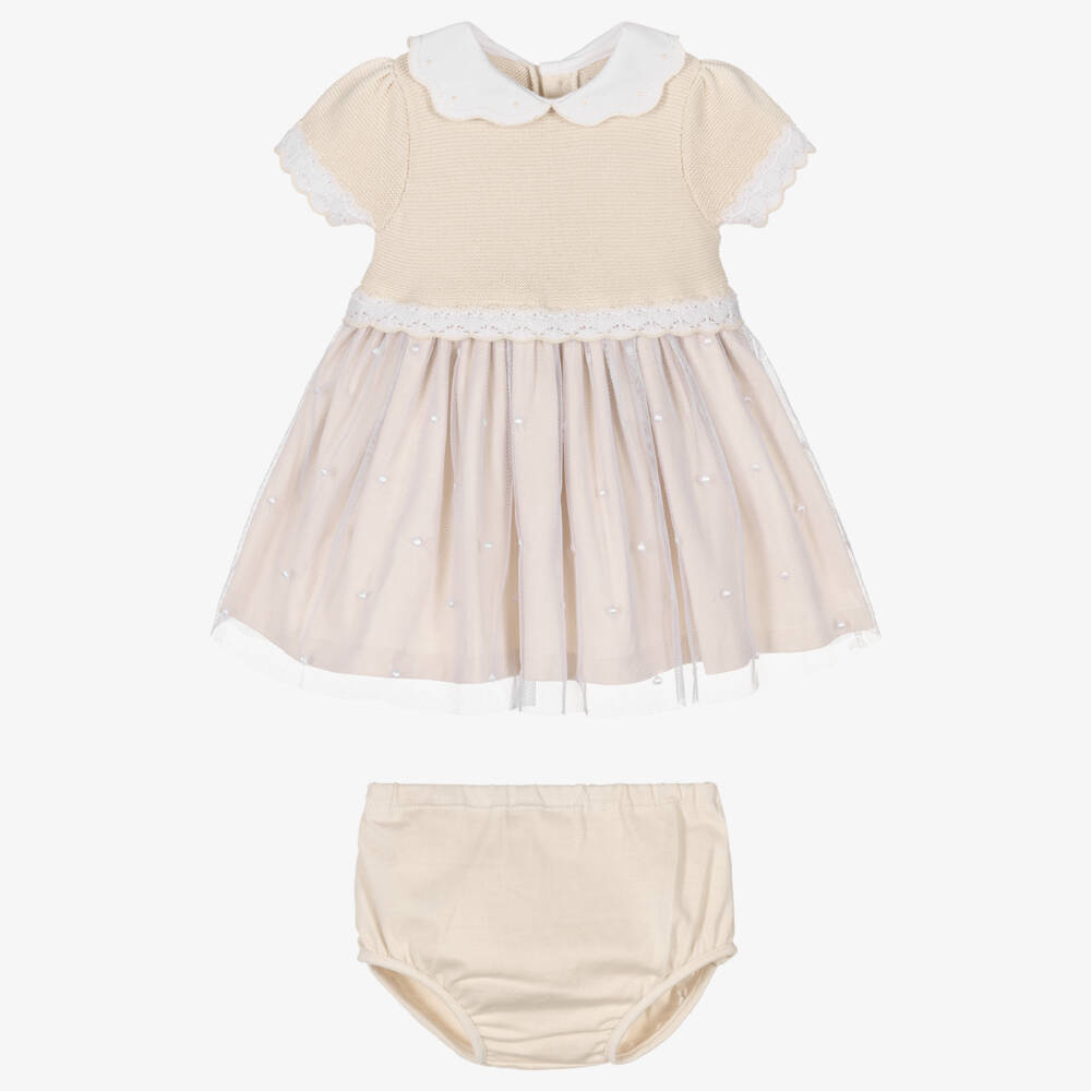 Emile et Rose-Baby Girls Beige Cotton Knit & Jersey Dress | Childrensalon