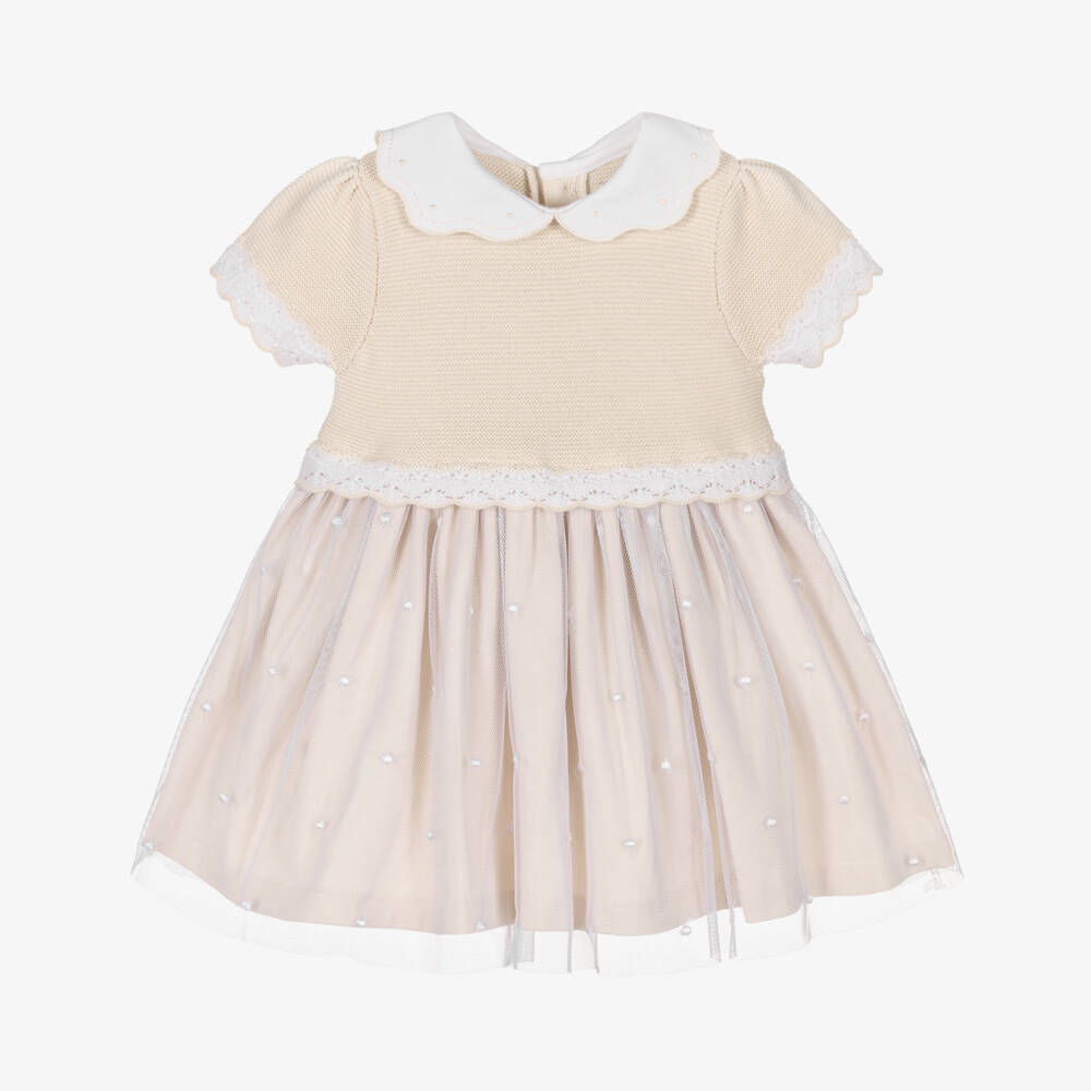 Emile et Rose-Baby Girls Beige Cotton Knit & Jersey Dress | Childrensalon