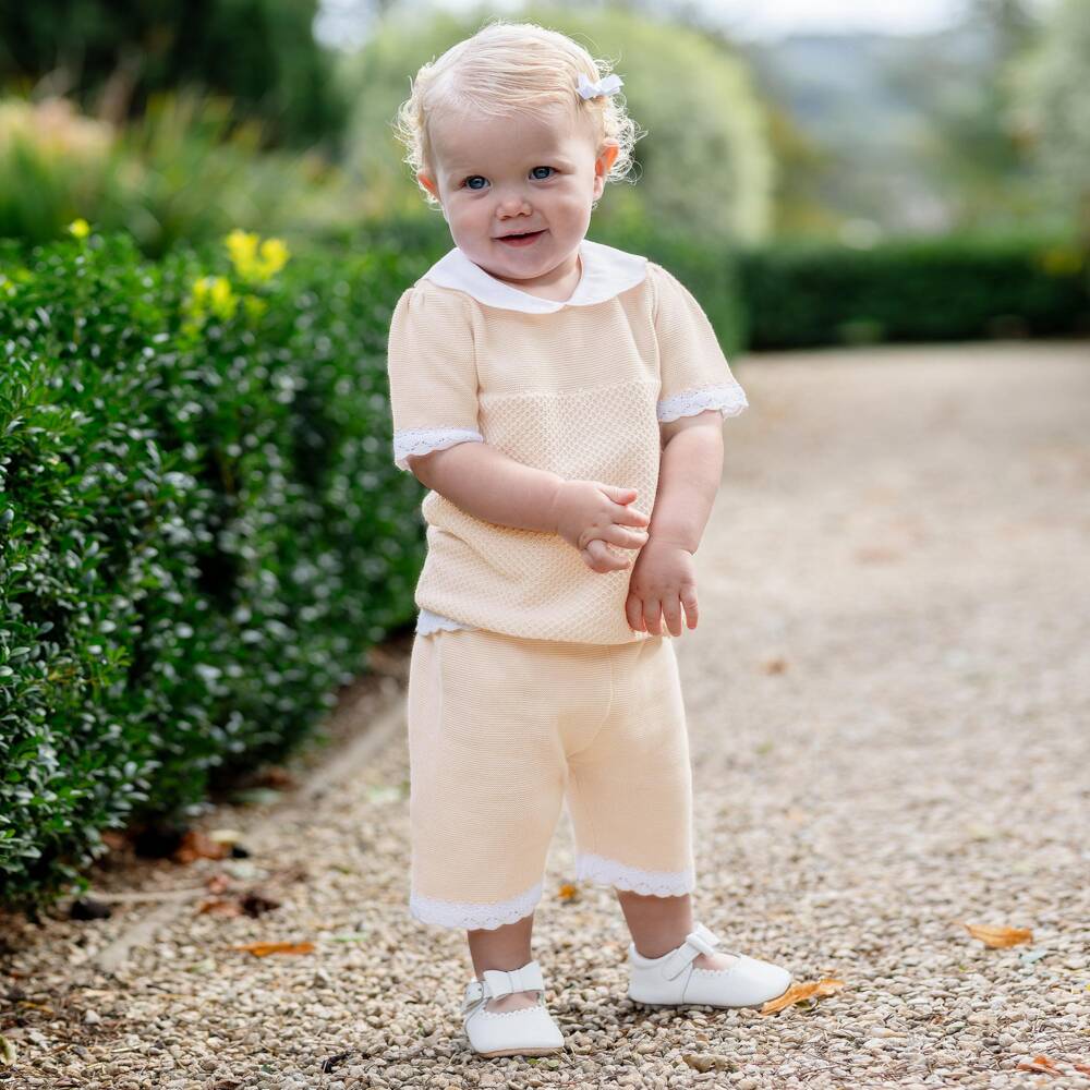 Emile et Rose-Baby Girls Beige Cotton-Knit Shorts Set | Childrensalon