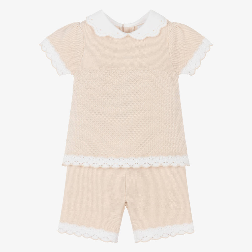 Emile et Rose-Baby Girls Beige Cotton-Knit Shorts Set | Childrensalon