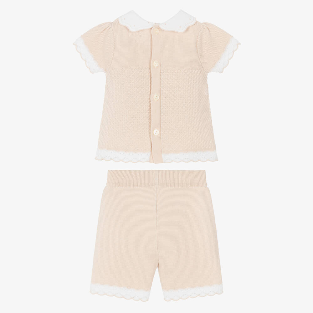 Emile et Rose-Baby Girls Beige Cotton-Knit Shorts Set | Childrensalon