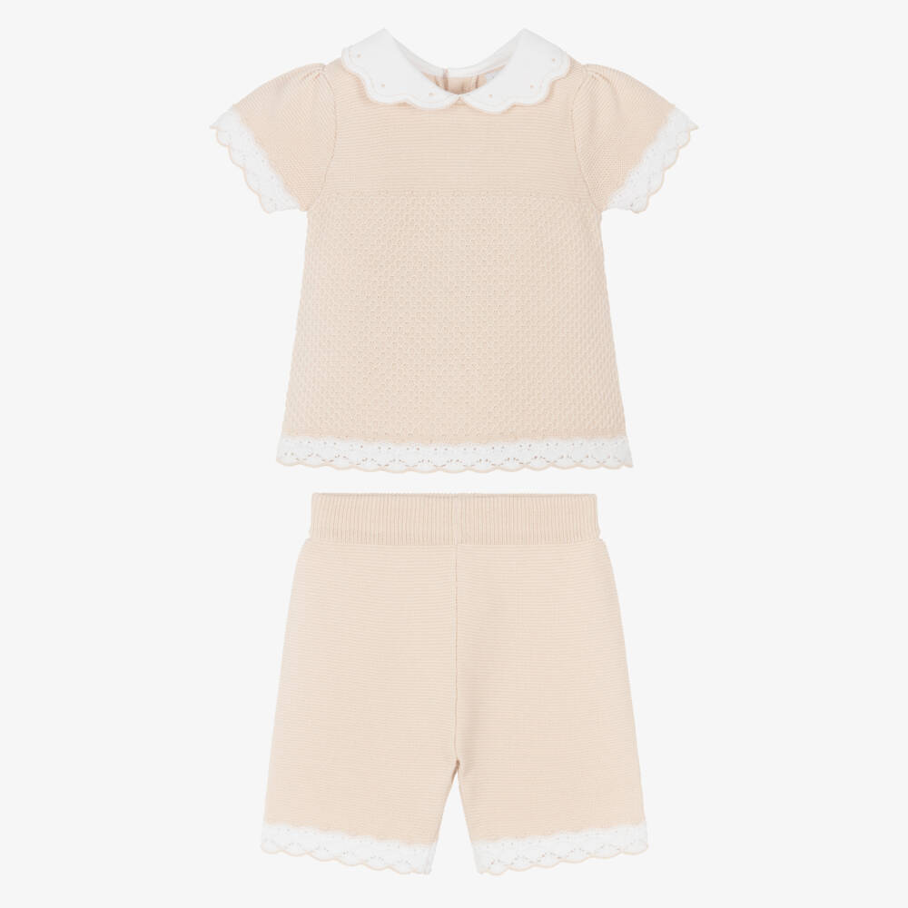 Emile et Rose-Baby Girls Beige Cotton-Knit Shorts Set | Childrensalon