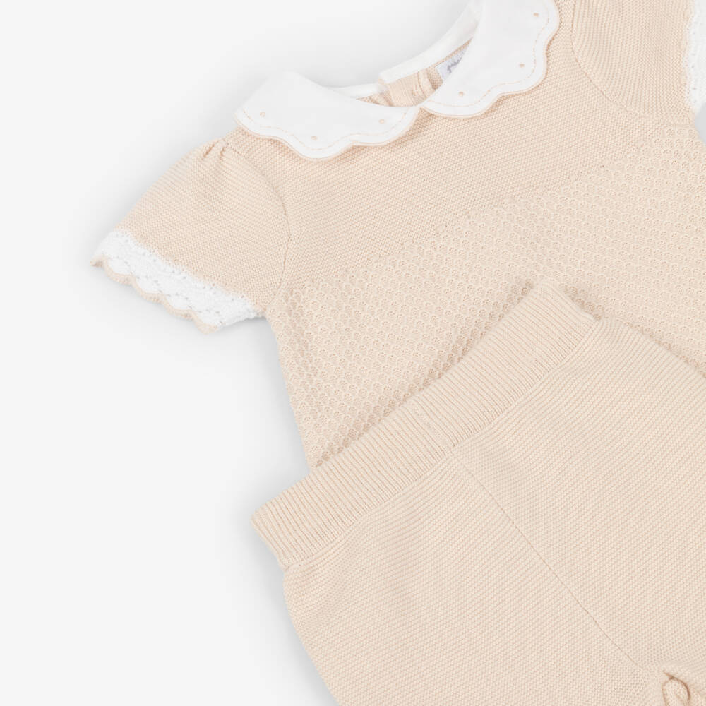 Emile et Rose-Baby Girls Beige Cotton-Knit Shorts Set | Childrensalon