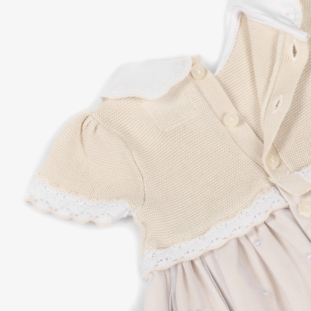 Emile et Rose-Платье бежевое из хлопкового трикотажа и тюля для малышек | Childrensalon